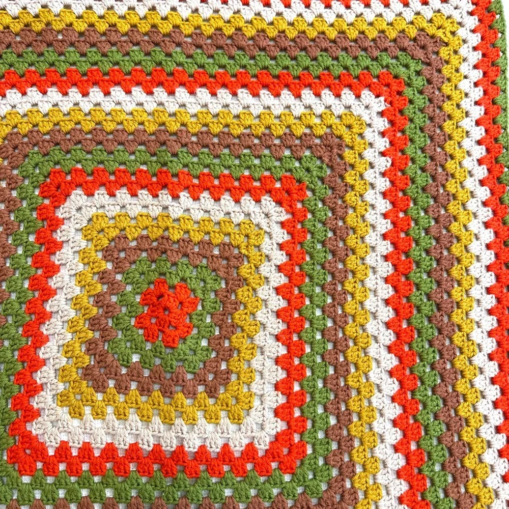 VTG 70s Granny‎ Square Crochet Baby Blanket Retro Orange Green Boho Stroller 34